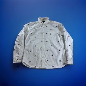 J Crew Oxford Knit Slim Fit Button Down Shirt Mallard Duck Design Men's L White